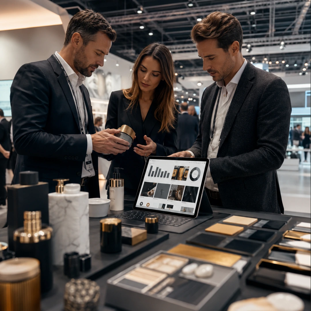 Interação presencial e coleta de materiais em estande na Canton Fair